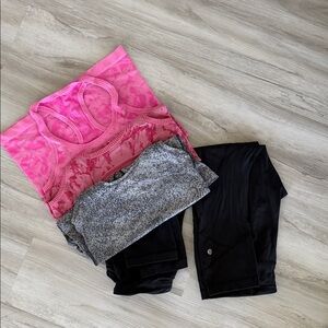 Lululemon 3 Racerback Tanks (Gray, pink, red) and 2 crop black Leggings
